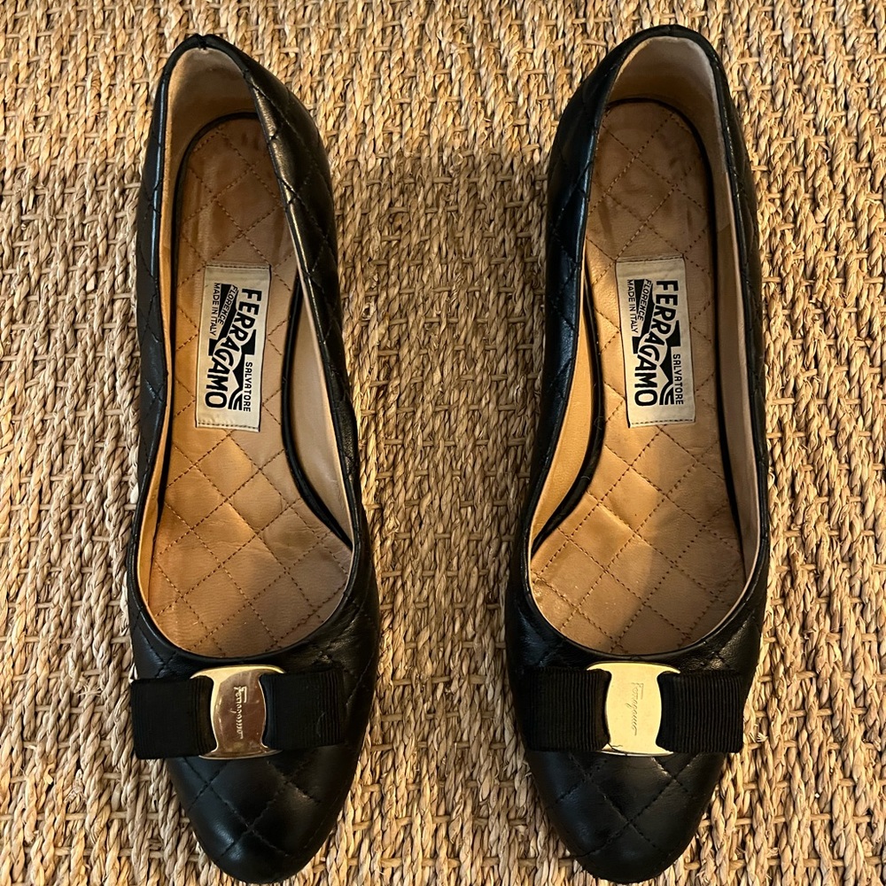 Excellent condition- Authentic Ferragamo Vara Quilted Heels in black